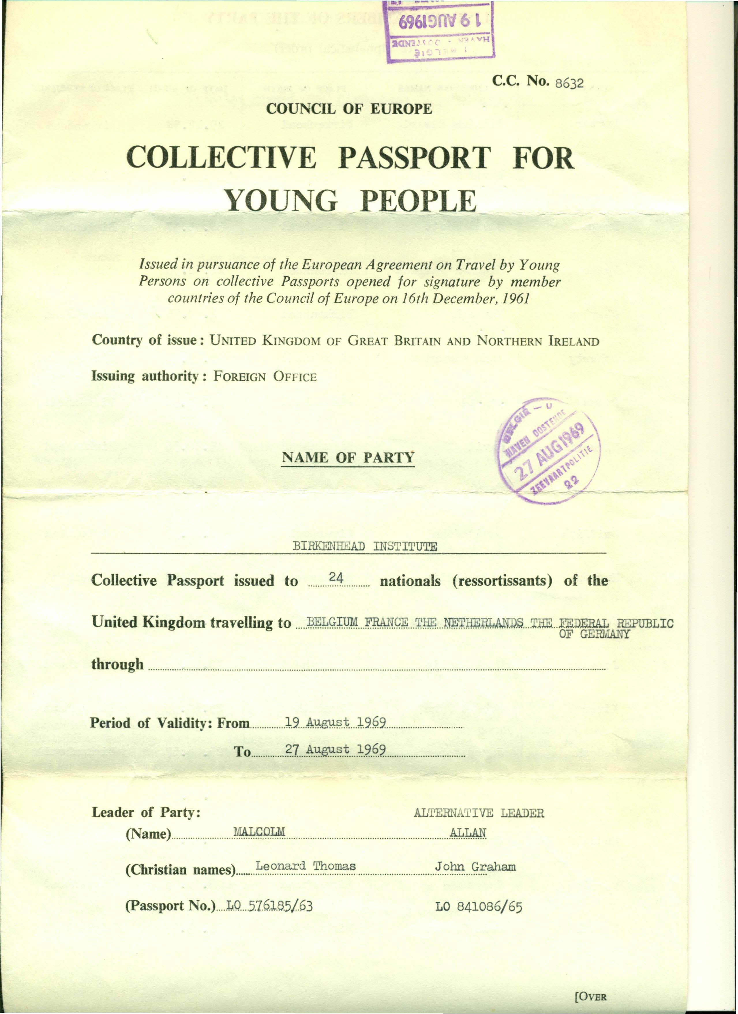 Collective Passport for 1969 Belgium, France, Netherlands and Germany