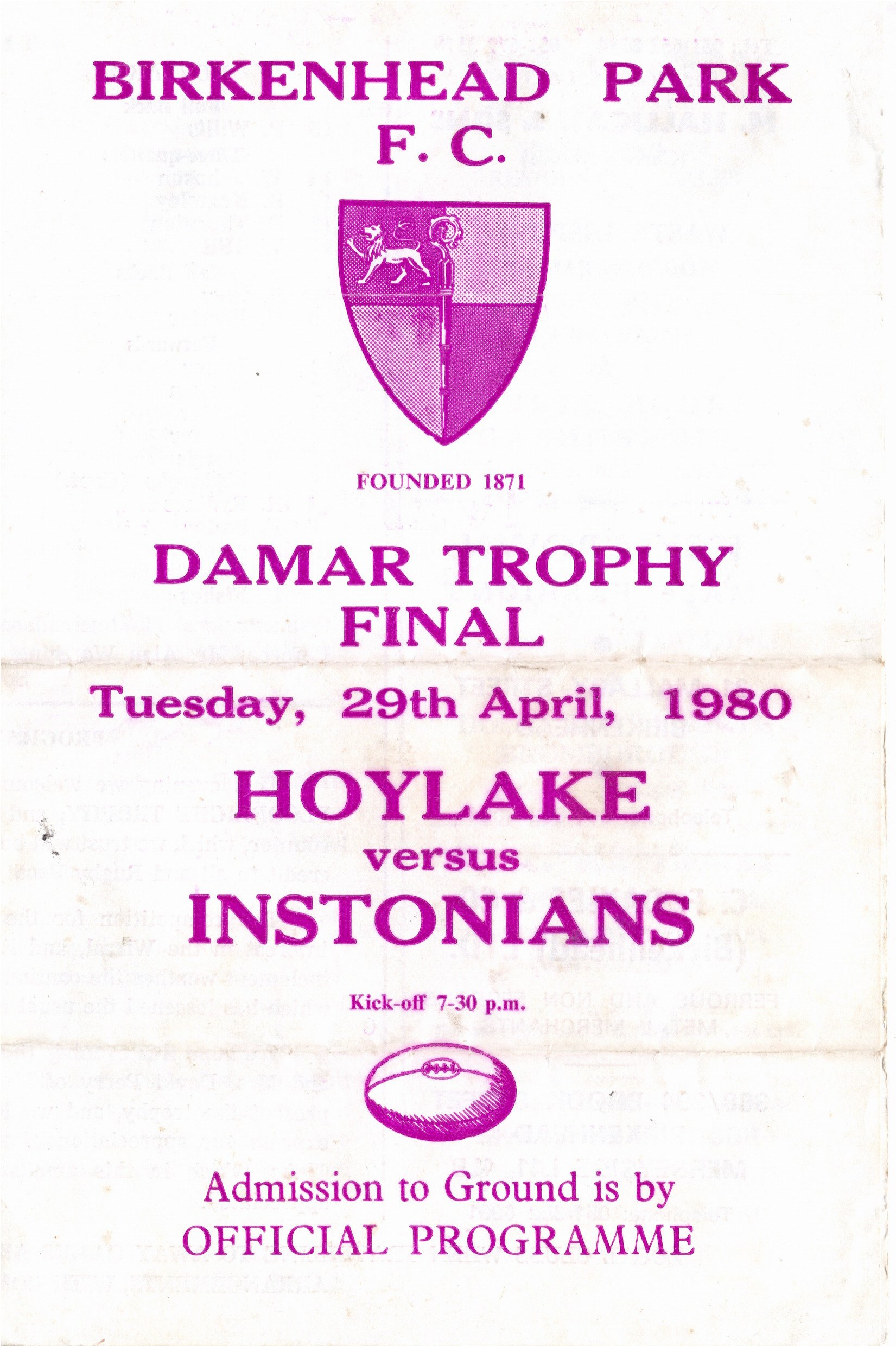 Photograph Old Instonians RUFC Programme, 1980 Damar Trophy Final