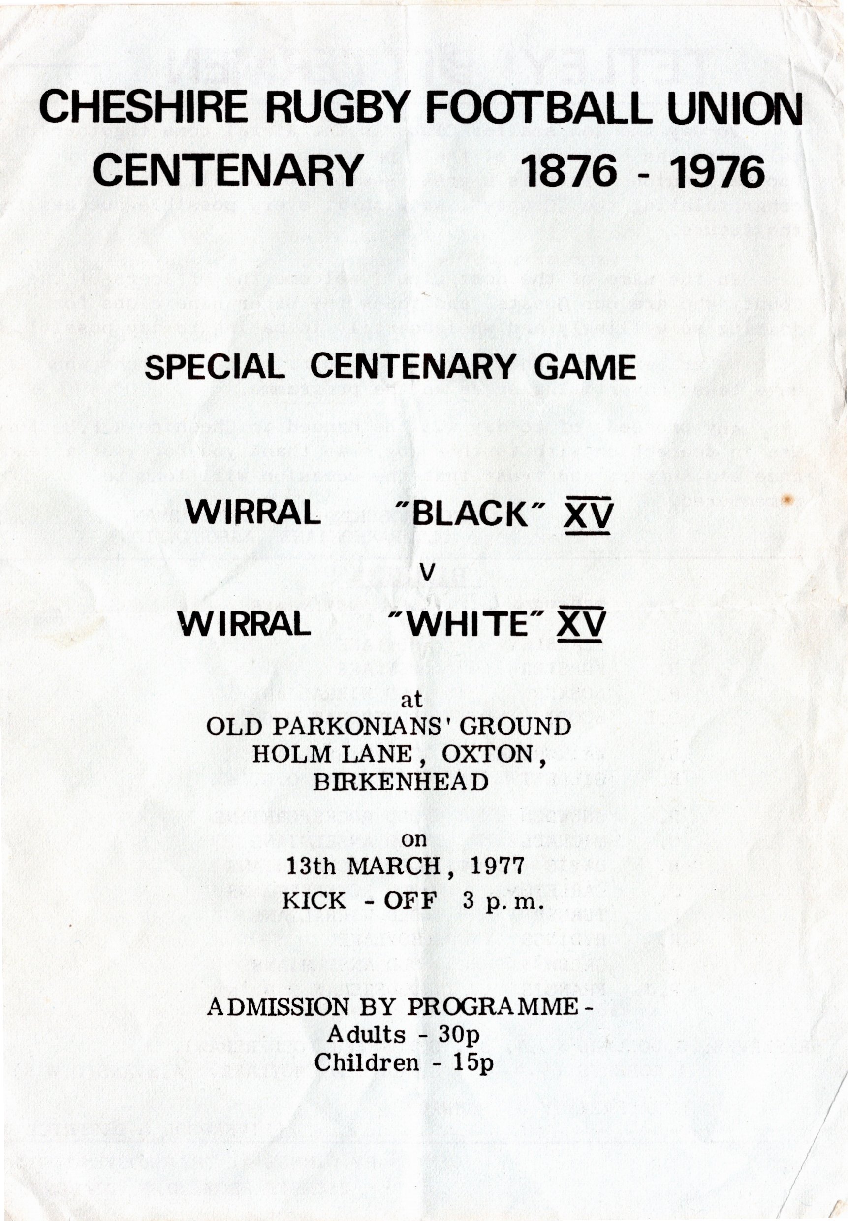 Old Instonians RUFC, 1977 Cheshire RFU Special Centenary Match