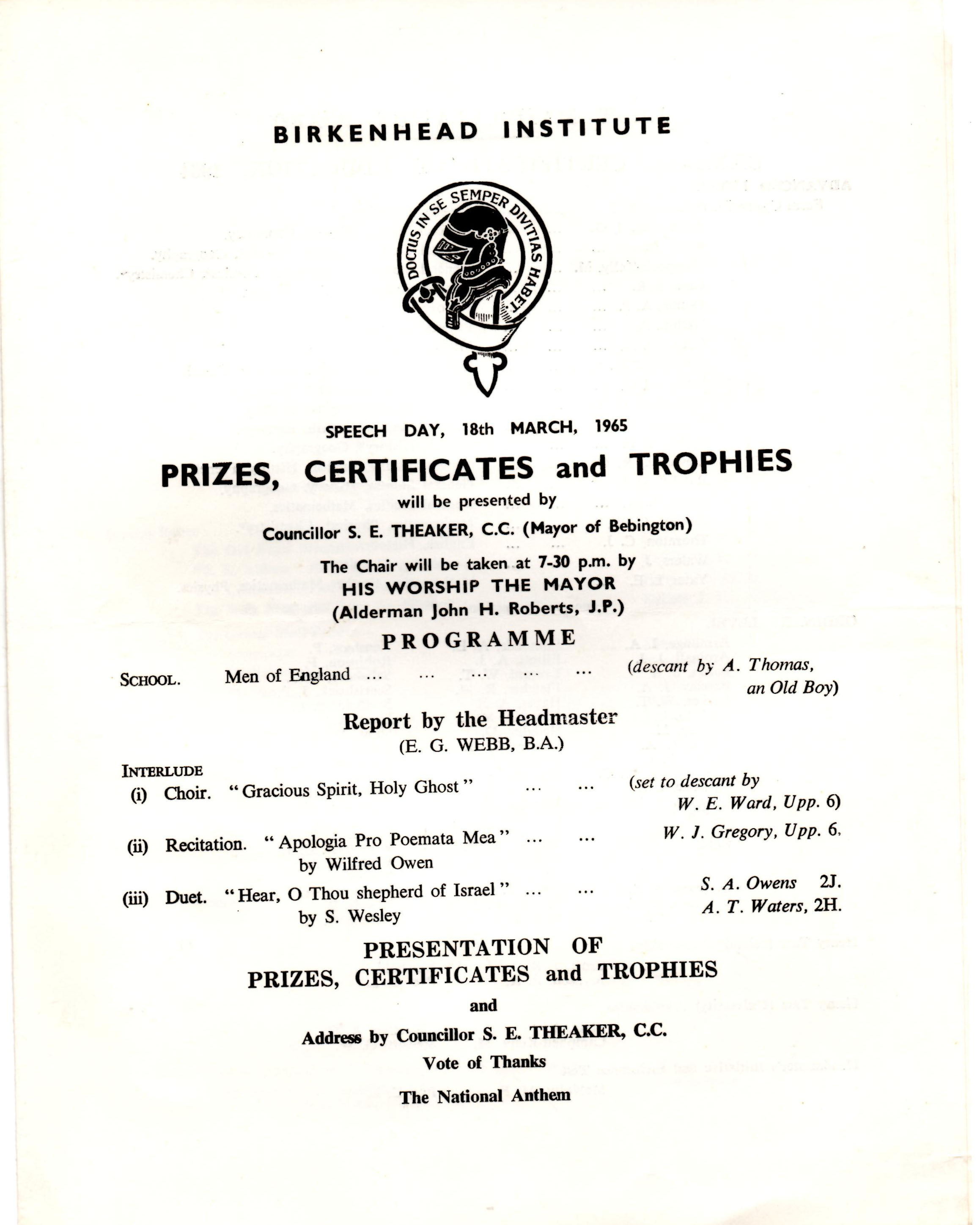 Program for Speech Day 1965